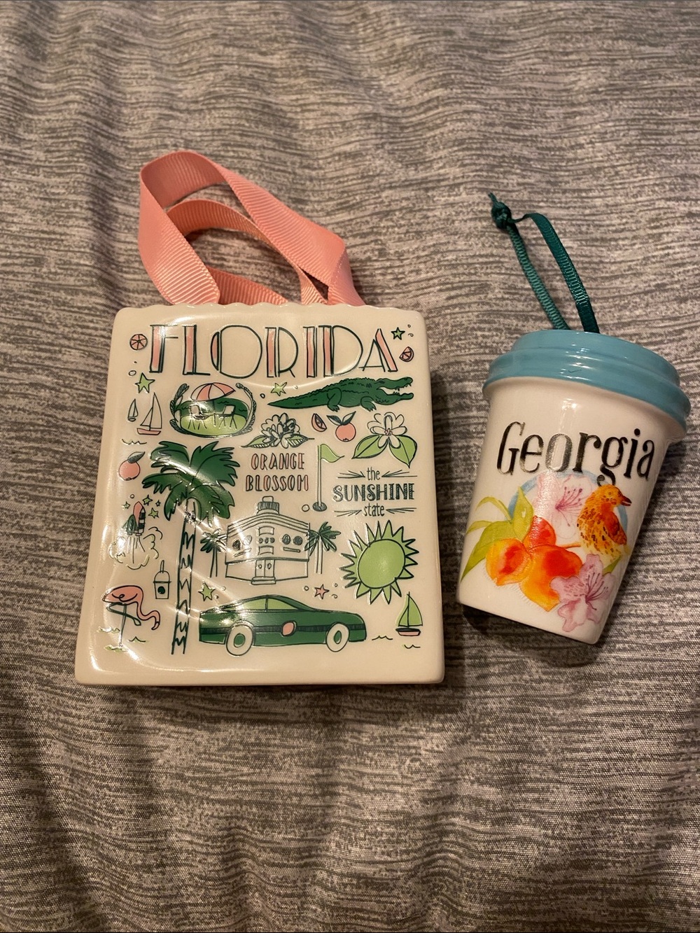 2 Starbucks Ceramic Ornaments Georgia Cup Ornament & Florida Bag Ornament